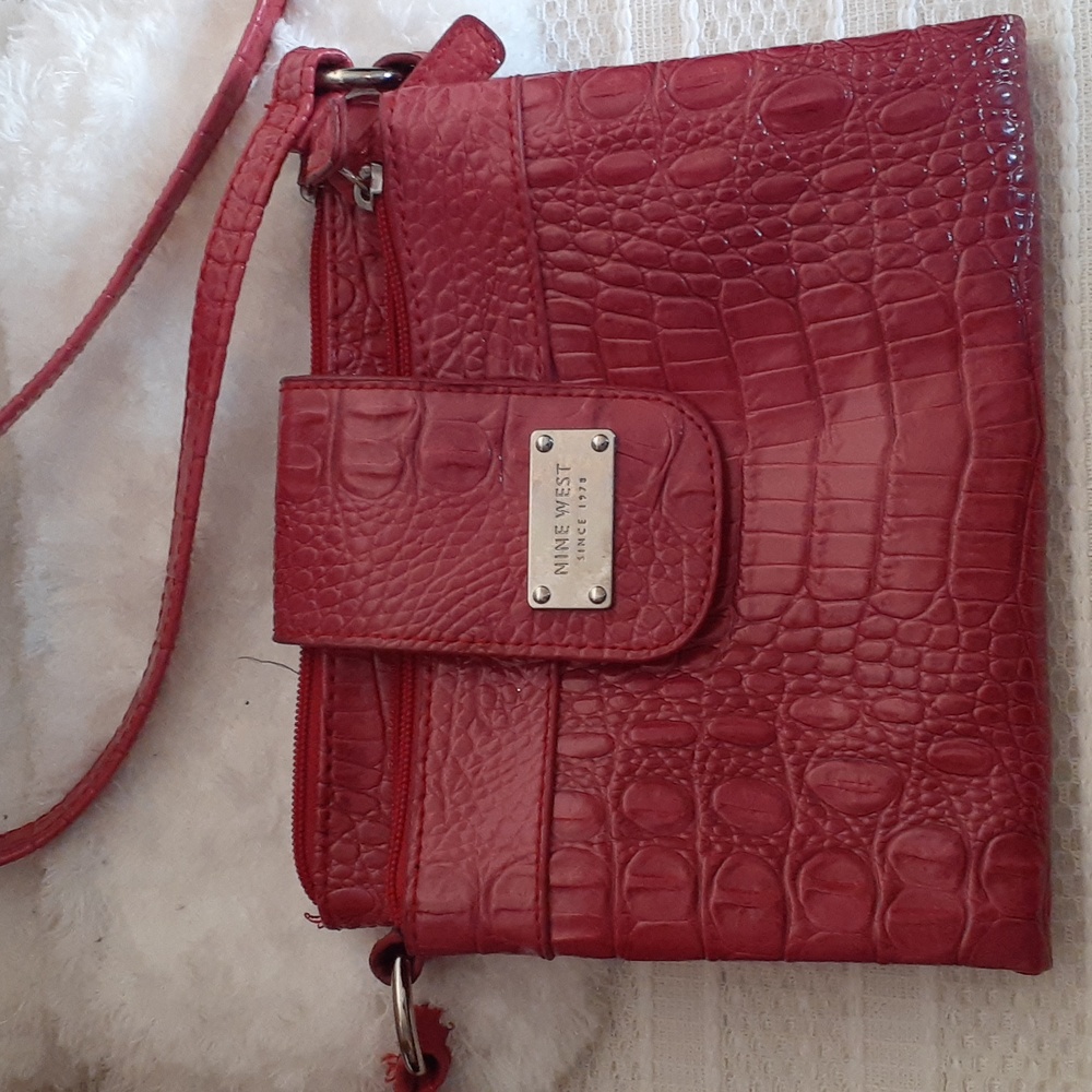 Nine West Red Glossy Crossbody Bag with Silver Accents